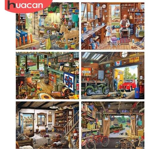 HUACAN 5d Diamond Painting House Mosaic Shop DIY Diamond Embroidery Landscape Needlework Cross Stitch Home Decor Craft Kit