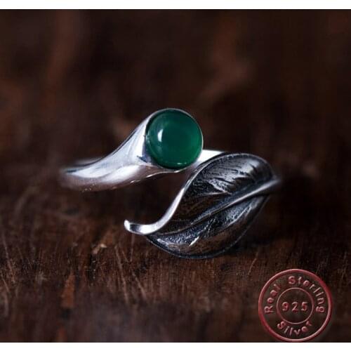 Amxiu Green Chalcedony Leave Ring Vintage Antique Silver Ring S925 Silver Jewelry Open Rings For Women Mothers Gift Accessories