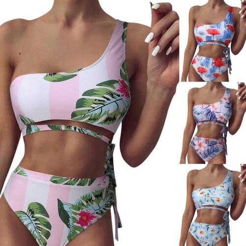 Women One Shoulder Bikini with High Waist Briefs Tropical Pattern Printing Adjustable Belt Summer Clothes Beachwear
