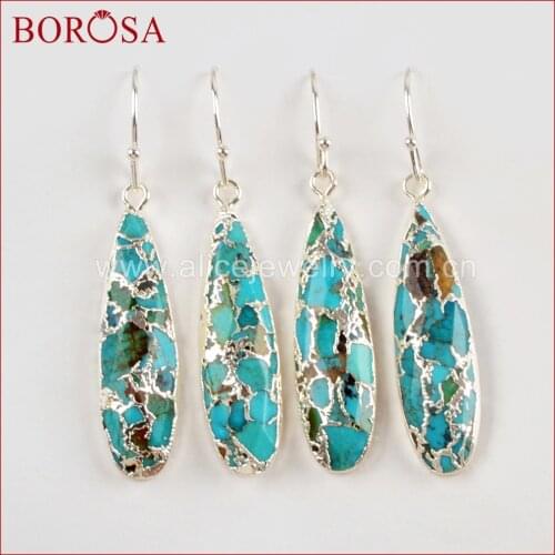 BOROSA 5Pairs Teardrop Silver Color Natural Copper Turquoises Dangle Earrings Natural Blue Stone Drop Earrings Jewelry S1547-E