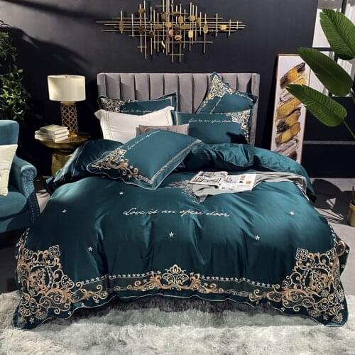 Elegant embroidery bedlinen blue Bedding Set King Queen Size Bed Linen egyptian cotton Duvet Cover Bed Sheet Set Pillowcases