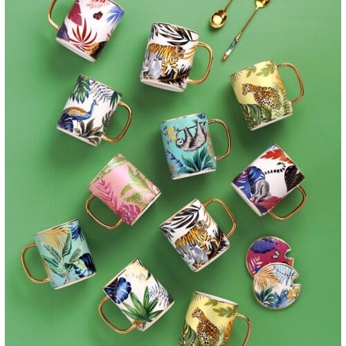 European luxury Gold Handle Jungle Animal Coffee Mug Creative With Lid Spoon Gift Set Ceramic Water Cup Teacup Home Drinkware