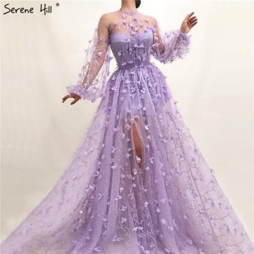 Purple Perspective Sexy Long Sleeve Evening Dresses High Neck Handmade Flowers Formal Dress 2020 Serene Hill LA60950