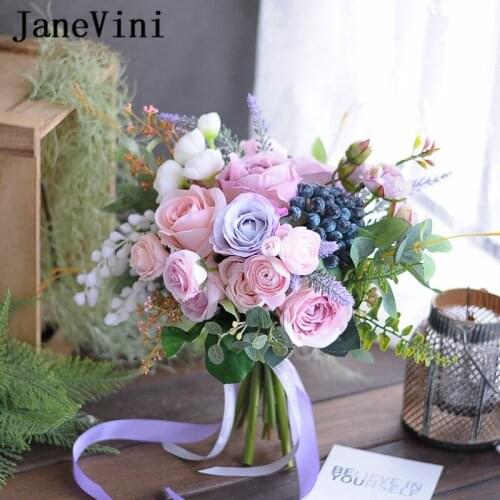 JaneVini Romantic Pink Purple Wedding Flowers Bridal Bouquets Sets Real Touch Artificial Silk Roses Brides Wedding Accessories