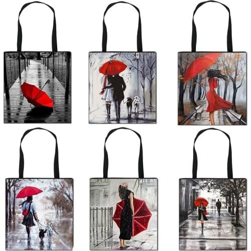 Red Umbrella Woman Print Handbag Travel Storage Bag Girls Favorite Shoulder Bag Environmentally Friendly Foldable Shopping Bag