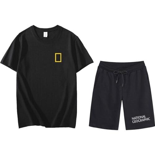 2021 new National Geographic magazine printed logo cotton mens T-shirt + shorts suit summer high-quality sports running suit