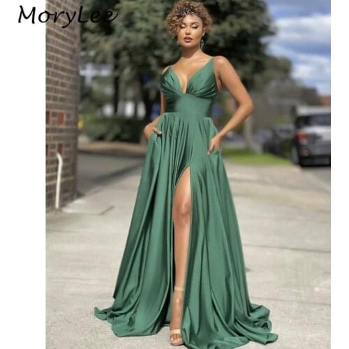 Prom Dresses Green Spaghetti Straps Side Slit Silk Satin A-Line Prom Dresses With Zipper Back vestidos de fiesta de noche