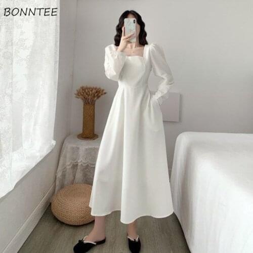 Dress Womens Elegant Solid High Waist Square Collar Slim Lady French Style Romantic Maxi Dresses Temperament Femme Vestidos New