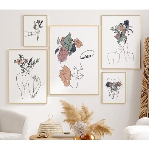 Nordic Woman Flower Head Line Drawing Art Print Pictures Abstract Girl Body Canvas Painting Livingroom Boho Wall Decor Posters