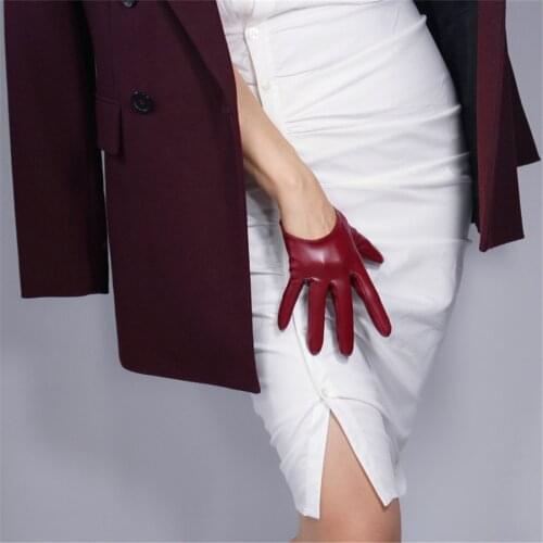 Ultra-Short Leather Gloves 13cm Long Simulation Leather Imitation Leather Imitation Sheepskin PU Deep Wine Red Crimson PUSH13