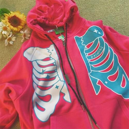 Y2K Aesthetic E-girl Zip-up Hoodie Autumn Kawaii Casual Vintage Skeleton Print Punk Oversized Sweatshirt Gothic Grunge outerwear