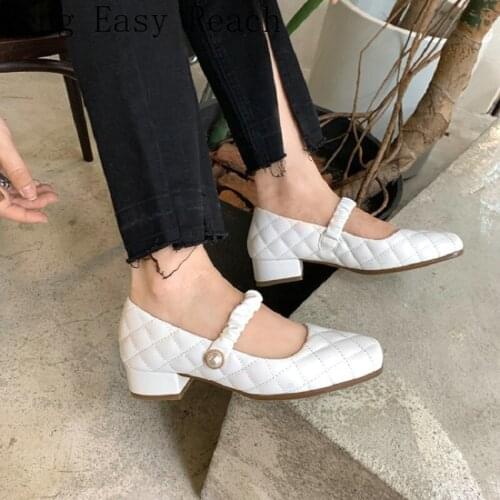 ZawsThia Genuine Natural Leather Quilted Design Square Toe Female Chunky Middle Heels Womens Mary Janes Pumps Big Size 40 41