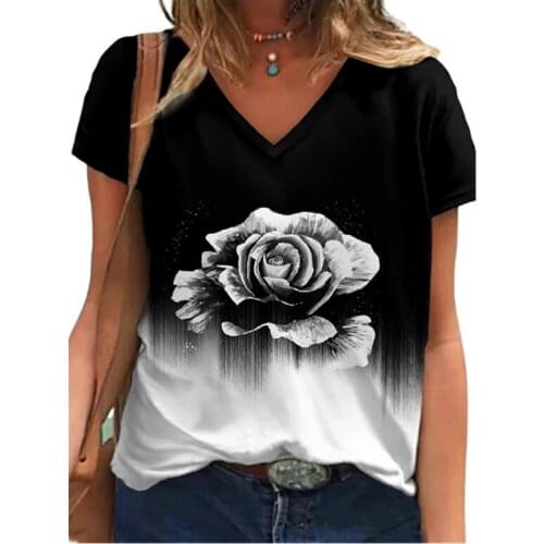 Vintage Womens Fashion Trend V-neck Short Sleeve Tops Casual 3D Floral Print Pullover Summer Loose Large Size Ladies T-shirt