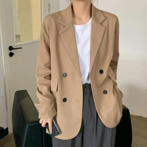 Women Khaki Blazer Coat Woman Lapel Long Sleeve Blazer Vintage Notched Collar Pocket 2021 Fashion Female Casual Chic Tops S-XL
