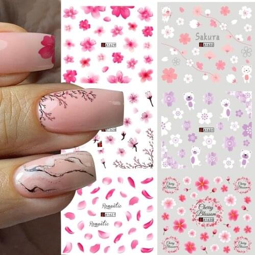 12 styles Pink Sakura Nail Water Sticker Cherry sunflower pattern Blossoms Decals summer Manicure Decoration Sliders 2021 new