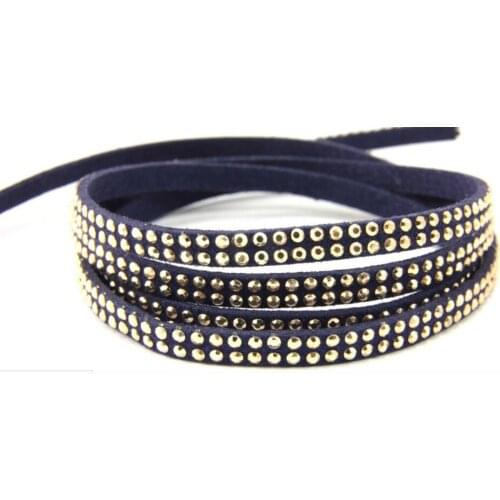 Free Ship 100 Meterse 5mm*1.5mm Navy Blue Flat Faux Suede Leather Cord With Two Lines Gold Studs