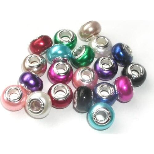 Free Shipping 100pcs Wholesale Silver Plated Core Big Hole ABS Faux Pearl mix Color Beads for European Bracelet jewelry DIY