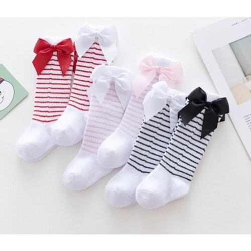 Sailor Style Princess Girls Knee High Socks Sweet Ribbon Bowknot Side Design Kids Long Tube Socks Children Leg Warmers skarpety