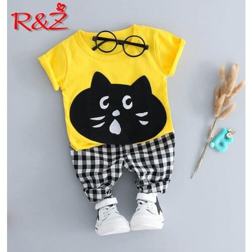 R&Z childrens suit 2019 summer new boys and girls cotton suit cartoon cat round neck short-sleeved plaid shorts two-piece