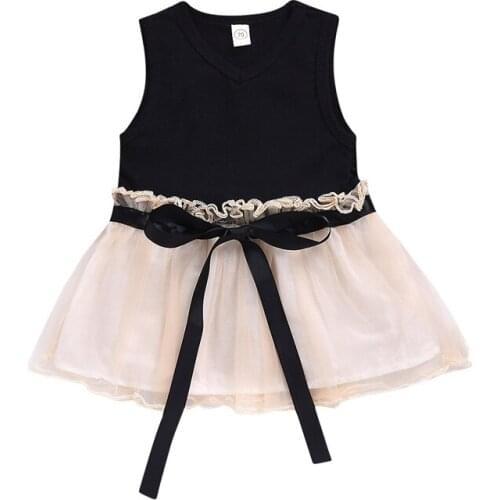 Summer new brand girls dress sleeveless mesh splicing children Bow tie at waist kids princess dress