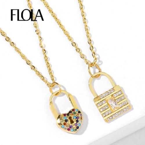 FLOLA CZ Cubic Zirconia Paved Padlock Chain Pendant Necklaces For Women Crystal Heart Lock Charm Necklace Rainbow Jewelry nkeq79