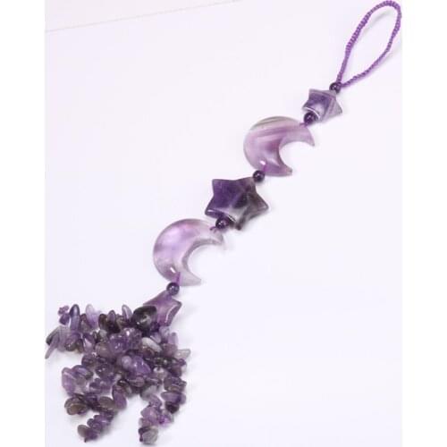 FYJS Unique Crescent Moon and Star Natural Amethysts Stone Pendant with Irregular Shape Tassels Jewelry