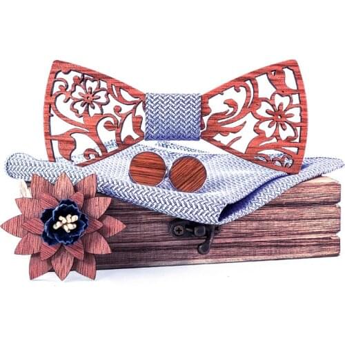 Linbaiway Business Hollow Wood Bow Ties Set for Mens Suit Wooden Bowtie Pocket Square Cufflinks Brooch Cravate Christmas Gift