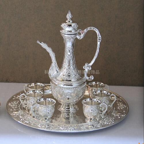 Set Lovely Metal plating golden wine set 1 tray 1 wine pot 6 glasses european-style antique wine set gift creative