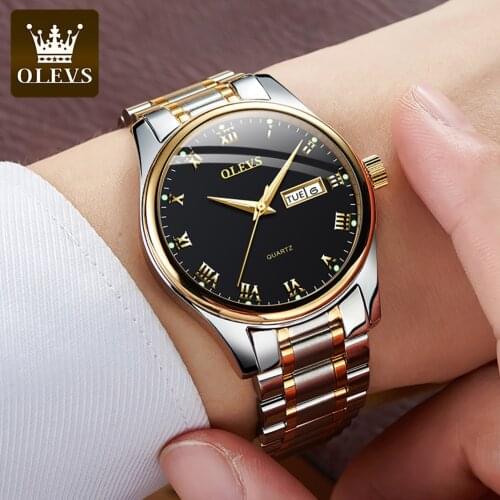 OLEVS Fashion Mens Watch Top Brand Luxury Watch Quartz Clock Stainless Steel Dual Calendar Watch Mens Clock Relogio Masculino