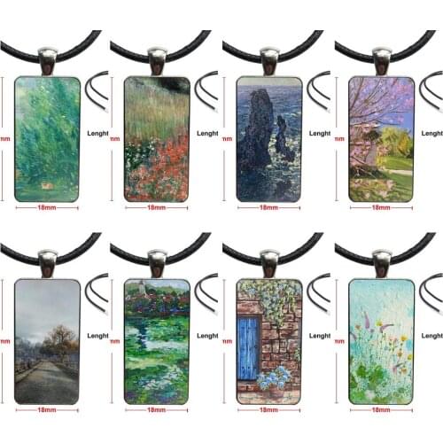 Necklace Fashion Long Chain With Rectangle Necklace Jewelry For Men Women Party Gift Oil Painting Claude Monet Design