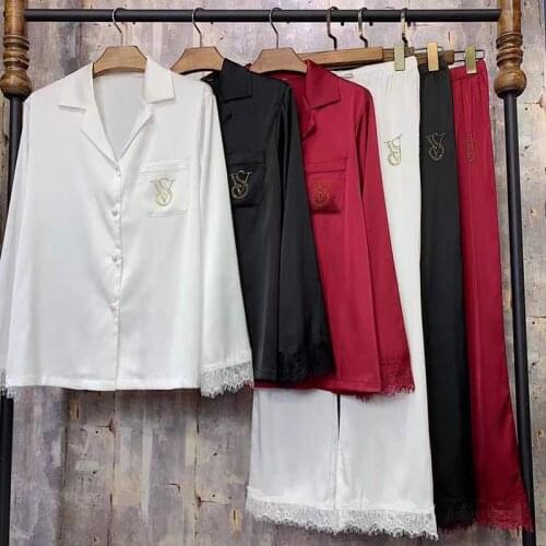 2 Pieces Set Pajamas for Women Summer Winter Sleepwear Lounge Wear PJ Solid Satin Lace Loungewear Homewear Dropshiping