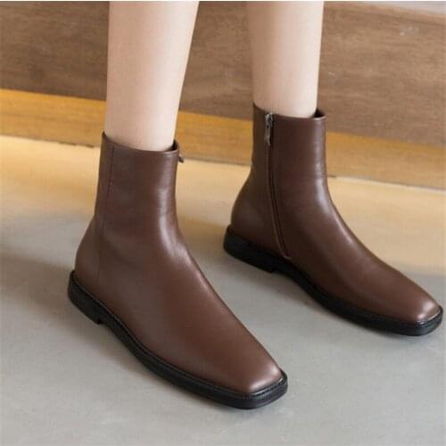 PXELENA 2020 Brand New Women Ankle Boots Genuine Leather Low Heels Square Toe Casual Comfort Daily Short Boots Plus Size 34-43