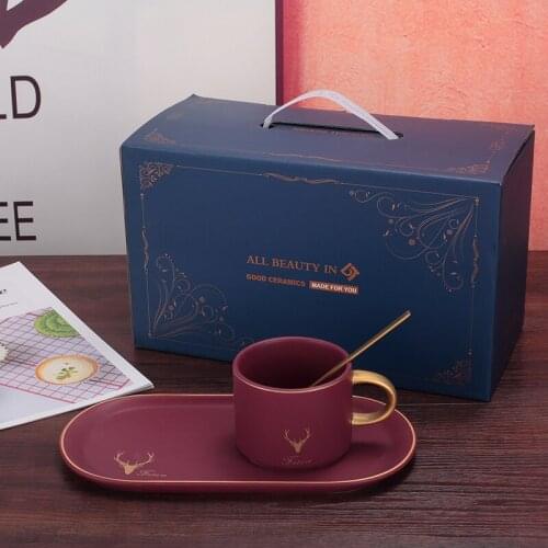 Luxurious Gold Rim Ceramics Coffee Cups And Saucers Spoon Sets With Gift Box Tea Soy Milk Breakfast Mugs Dessert Plate tea cup