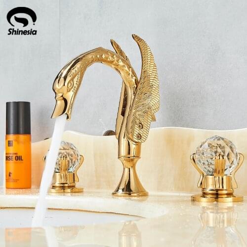 Luxury Bathroom Faucet Brass Golden Swan Shape Basin Tap Dual Handle Deck Mount Mixer Tap Sink Faucets Hot And Cold Water Mixer