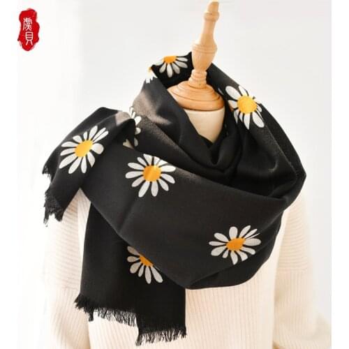 Pink Wool Scarf women printed daisy autumn winter thin scarves for ladies warm soft bandana shawls fashion black pashmina girl