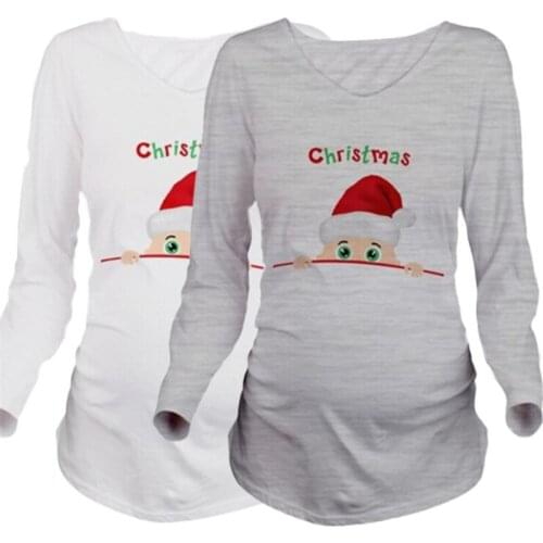 Maternity Tops For Pregnant Women Clothing Autumn Cotton T-Shirt New Year Christmas Print Snowmen Plus Size 3XL Pregnancy Cloth