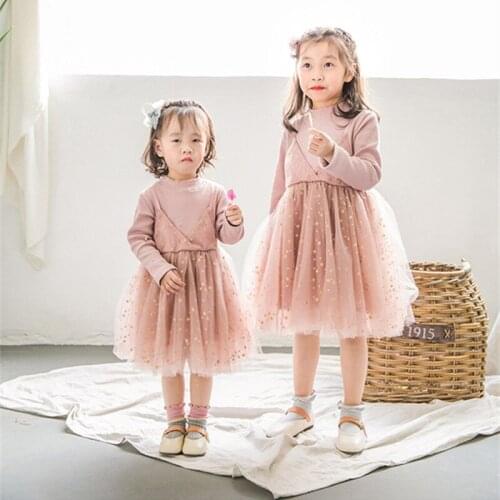 2019 Spring Girl Dress Ball Gown Cotton Long Sleeve Princess Children Dresses Stars Yarn Kids Dresses For Baby Clothes 1-5Yrs