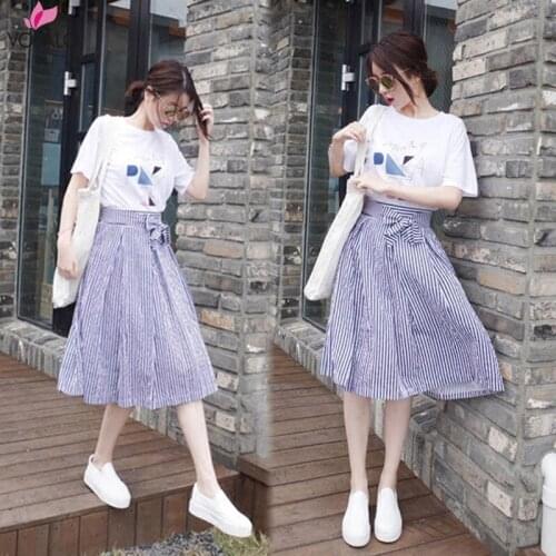 VOLALO Striped A-Line Blue Skirt Women 2020 Summer Cute Casual Knee-Length Skirts and White T Shirt 2PCS Clothing Set Lady Suit