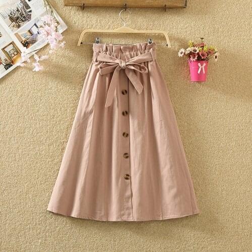Women Casual Cotton Skirts Spring Summer Korean Style Solid Elegant High Waist Single-Breasted Bow Lace Up A-Line Midi Skirt