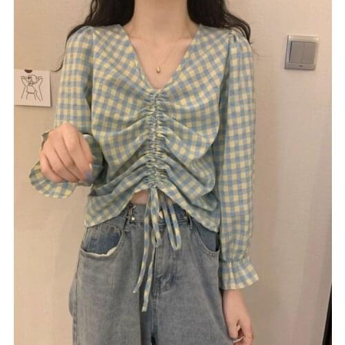 Women 2021 Early Autumn Fashion V-neck Drawstring Shirts Female Long-sleeved Thin Shirts Ladies New Loose Plaid Blouses U199