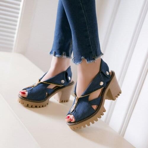 YMECHIC Women Denim Peep Toe Gladiator Pumps Zipper Chain Blue Vintage Casual Platform Block High Heels Shoes Woman Summer 2018
