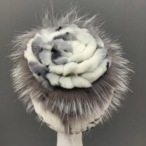 Rex Rabbit Fur Hats for Women stylish winter warm natural fur beanies with fox fur diamond knitted skullies unique design