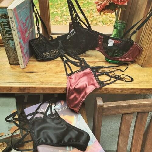 French retro luxury underwear ultra-thin eyelashes lace cup bra set stitching silky satin women push up lingerie plus size