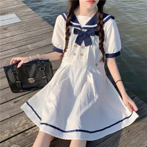 2021 New Loose Casual Summer Dress Women Short Sleeve Line A Dress College Style Sweet Cute Navy Collar Kawaii Bow Lolita Dress