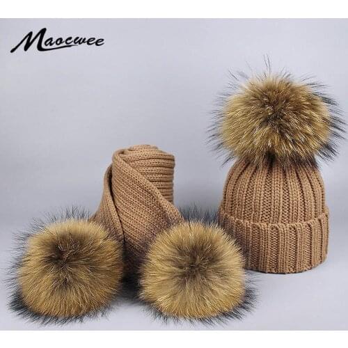 Winter Knitted Beanie Hat Scarf Sets Children Fur Pompoms Hats and Scarves Sets Real Raccoon Fur Pom Pom Beanies Bones Wholesale