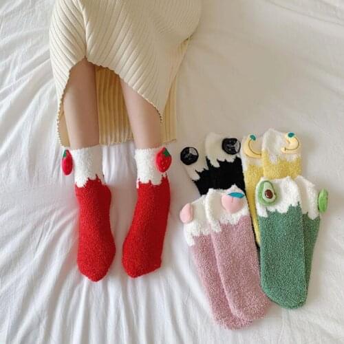 ZZIYEETTM Women Plush Slipper Socks Strawberry Banana Peach Avocado Design Winter Warm Fluffy Home Sleeping Fuzzy Socks