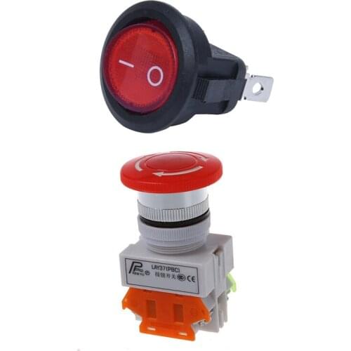 2Pcs Switch: 1Pcs Rocker Switch Bipolar on OFF 3 Pins 220V & 1Pcs 600V 10A OFF Switch Emergency Stop Switch Push Button