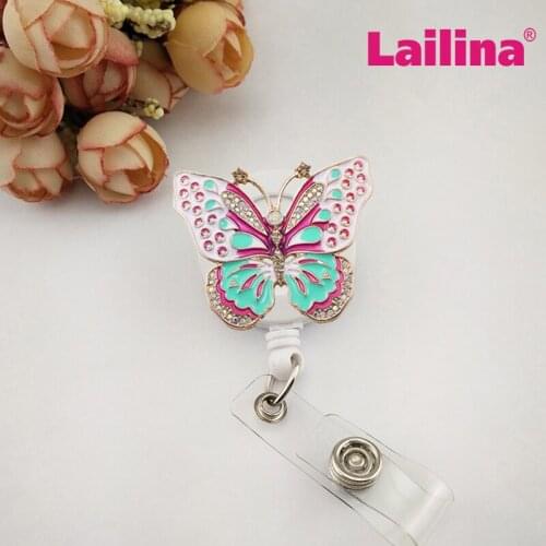 20pcs New Design Multicolored Butterfly Elegant Cute Retractable ID Holder Bling ID Card Badge Holder Enameling Pull Reel