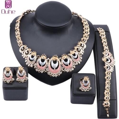 African Dubai Gold Colorful Bridal Jewelry Sets For Women Bracelet Earrings Ring Wedding Party Jewelry Sets