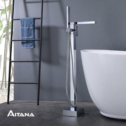 Chrome bathtub faucet flooring installation bathtub filling single handle brass faucet with manual sprayer and swirl nozzle